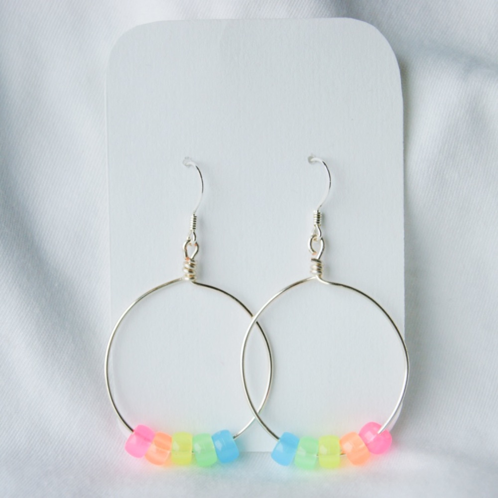 Rainbow beaded silver hoop dangle earrings